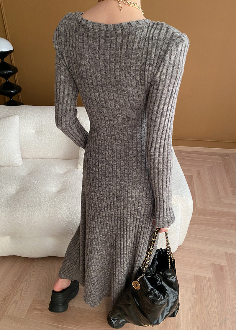 New Grey V Neck Button Cotton Knit Sweater Dress Long Sleeve Af1056
