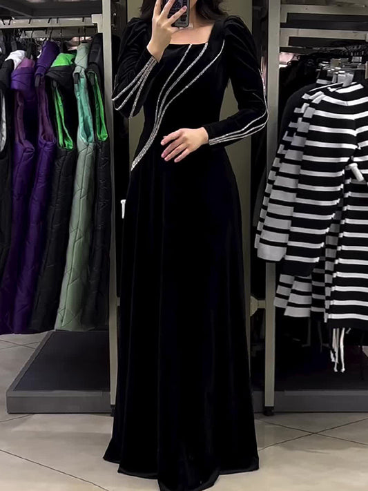 Color Tied Waist A-line Sequined Long Sleeves Maxi Dresses