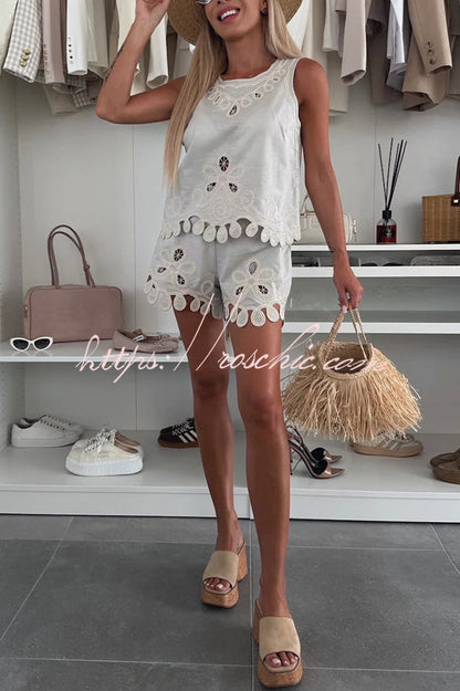 Angie Embroidery Cut-out Sleeveless Top and Elastic Waist Loose Shorts Set