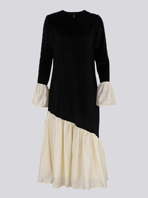 Flared Sleeves Long Sleeves Contrast Color Pleated Split-joint Round-neck Midi Dresses