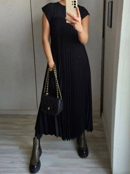 A-line High Waisted Pleated Pockets Color Split-joint Round-neck Maxi Dresses