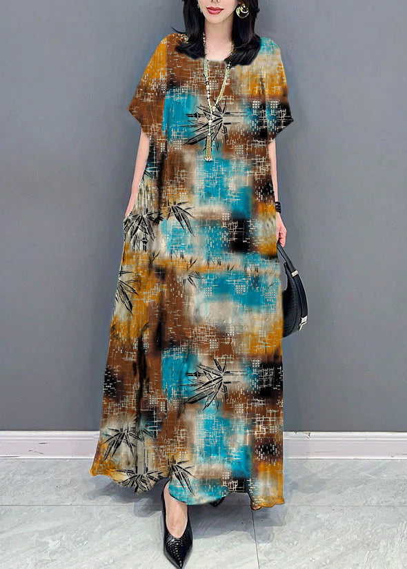 Black Texture O Neck Pockets Print Patchwork Silk Long Dresses Summer Tt1032
