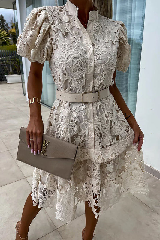 Absolutely Crochet Lace Puff Sleeve Belted Shirt Midi Dress