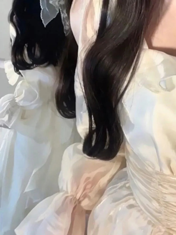 Ruffles Fairy Dresses Korean Slim Wasit a Line Midi Dress Spring Summer Princess Party Vestidos