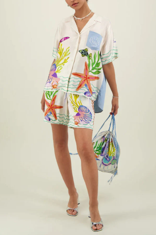 Unique Ocean Shell Print Loose Shorts Two-piece Set