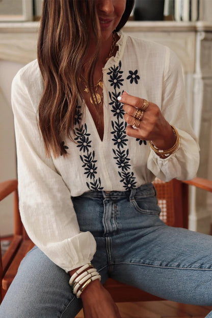 White Embroidered Frill V Neck Puff Sleeve Blouse