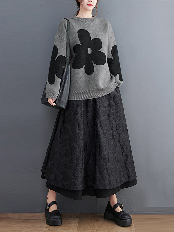 Loose Black Round-neck Contrast Color Flower Long Sleeve Sweater An1070