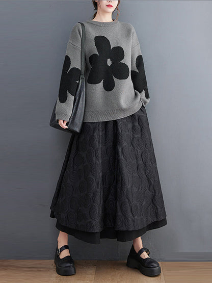Loose Black Round-neck Contrast Color Flower Long Sleeve Sweater An1070