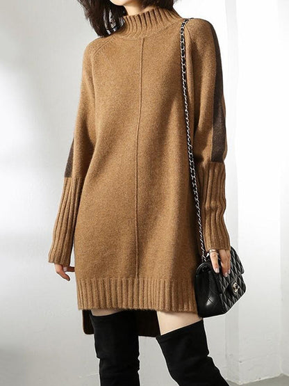 Urban Camel Half Turtleneck Contrast Color Long Sleeve Knit Sweater Dress An1068
