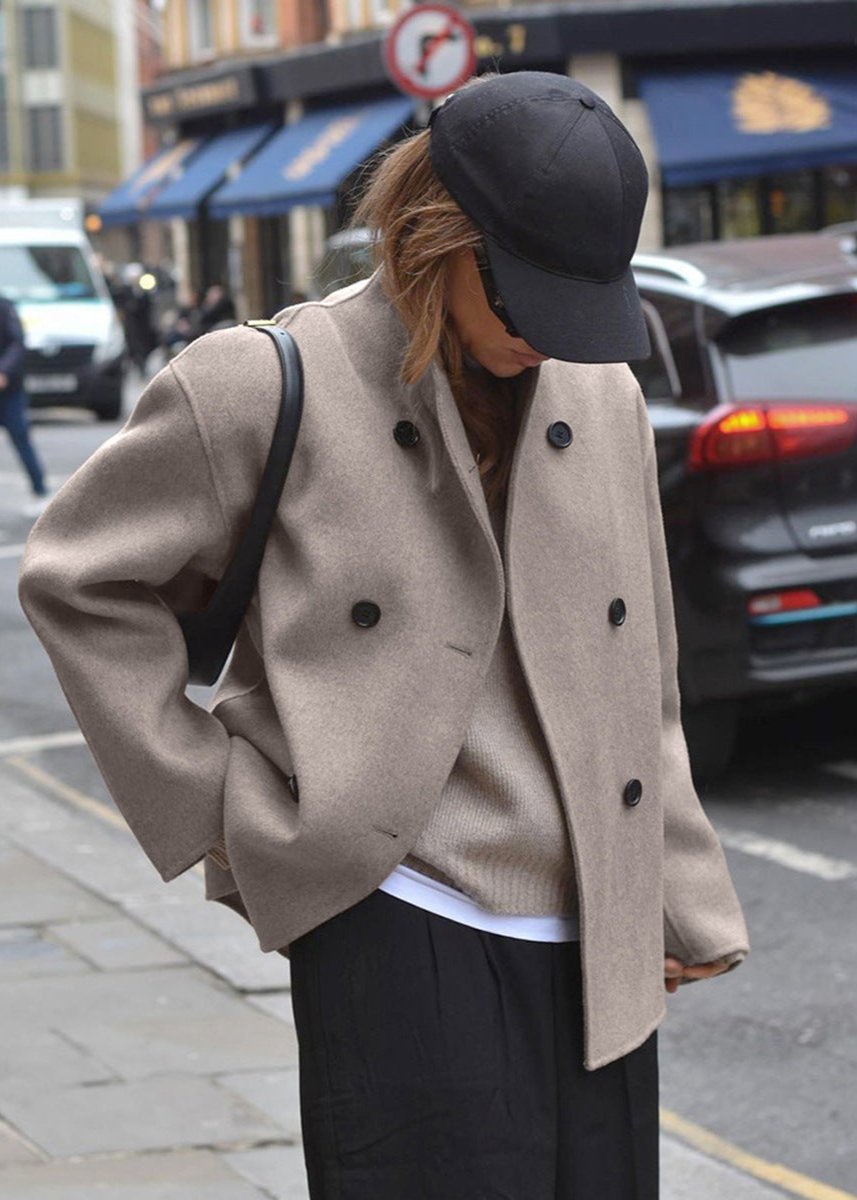 Luxe Double-breasted Woolen Coat in Taupe