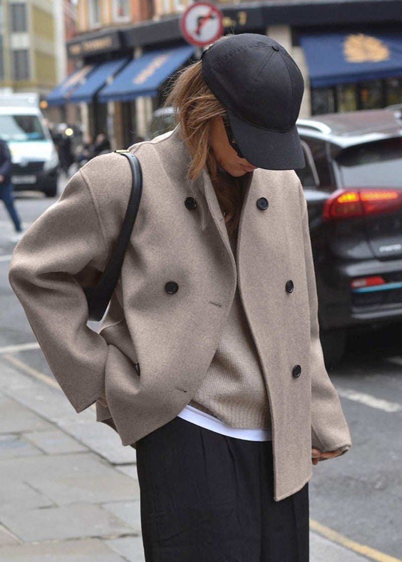 Luxe Double-breasted Woolen Coat in Taupe