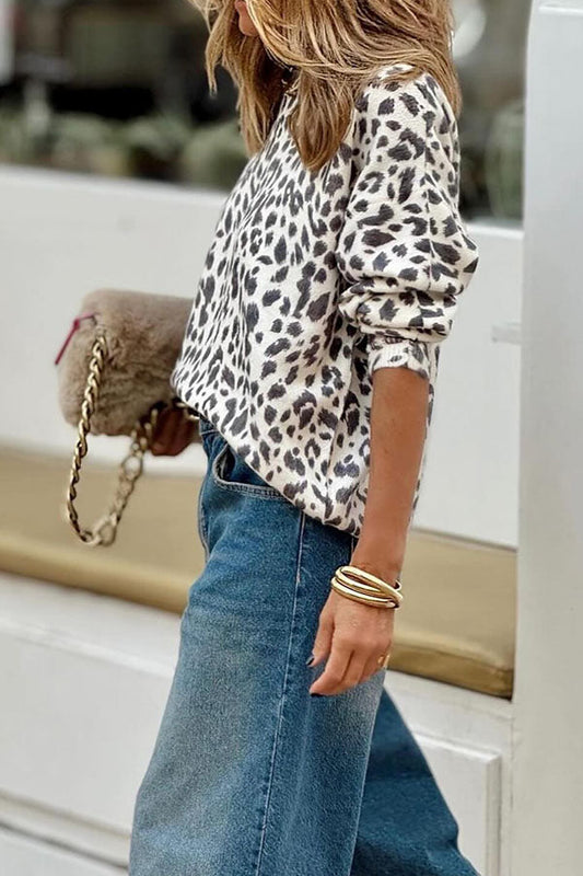 Leopard Print Crew Neck Long Sleeve Sweater