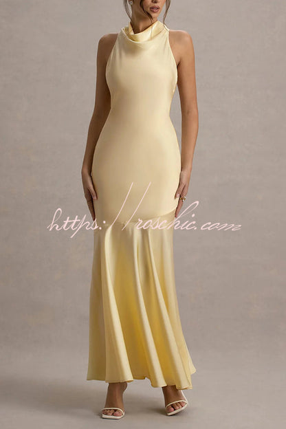 Timeless Sophistication Satin Cowl Detail Back Self-tie Halter Neck Maxi Dress