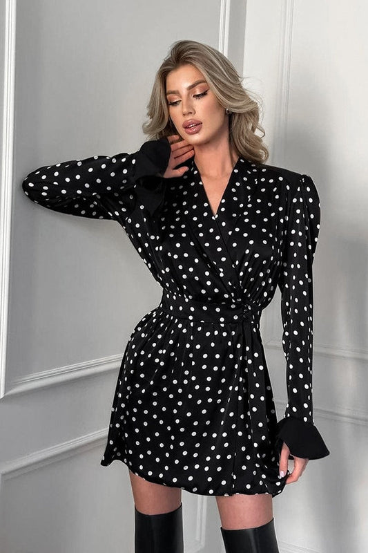 Polka Dot V-neck Puff Sleeve A-line Mini Dress