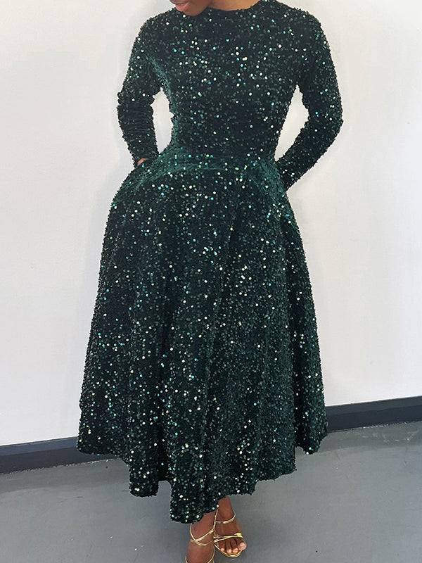 A-line High Waisted Sequined Split-joint Zipper Round-neck Maxi Dresses