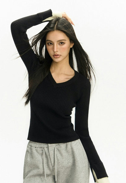 Ribbed V-neck Contrast Sweater