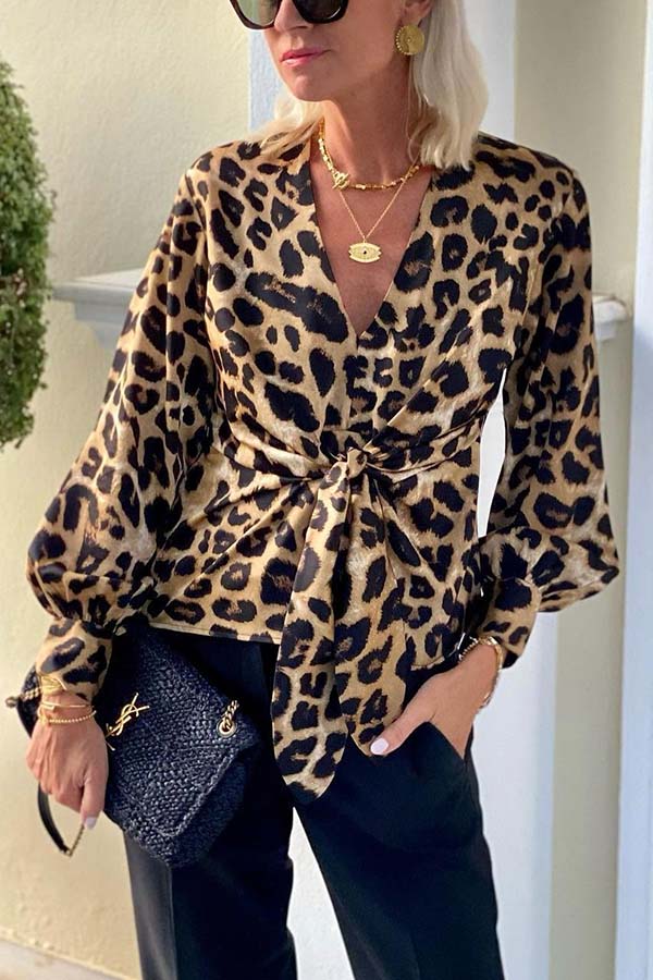 Janae Leopard Print Front Tie-up Lantern Sleeve Blouse