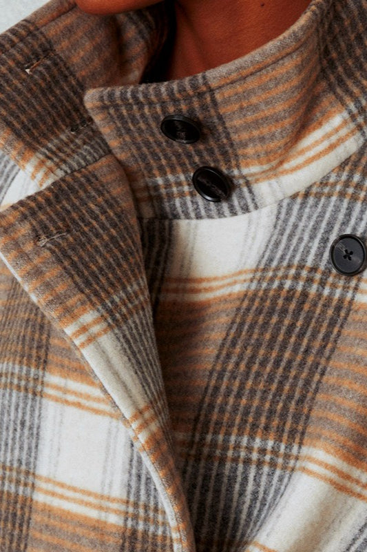 Color-block Plaid Wool Blend Tie Waist Winter Coat