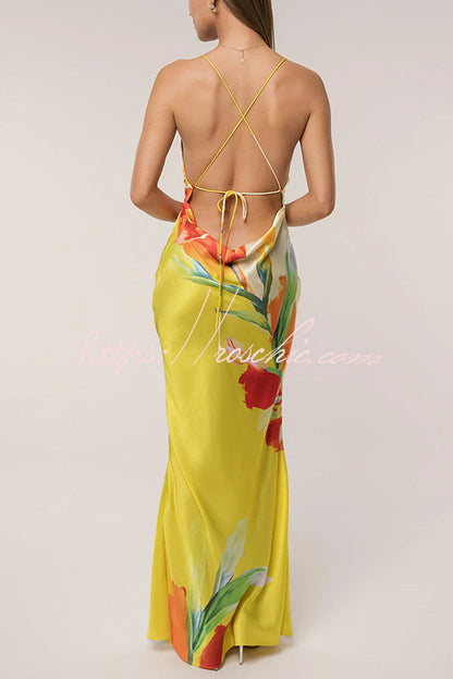 Luisa Satin Print Cowl Neck Open Back Tie-up Maxi Dress