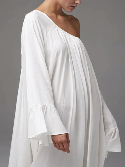 A-line Flared Sleeves Pleated Color Split-joint Round-neck Maxi Dresses