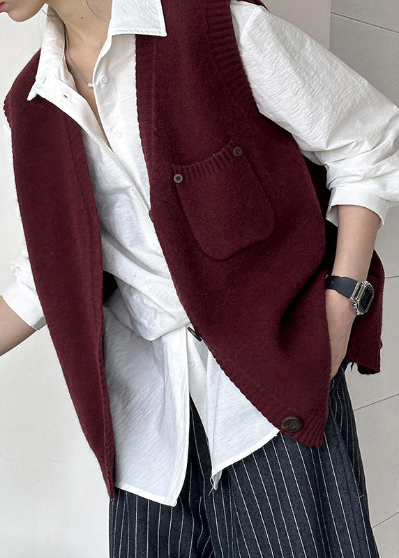 Wine Red Pockets Cozy Knit Waistcoat V Neck Fall Af1022