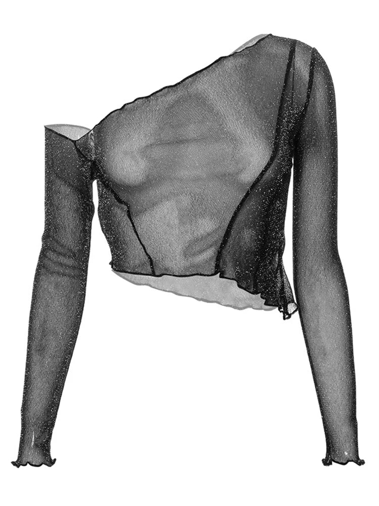 Sheer Mesh Crop Top Tee Summer See-through One-shoulder Tops for Slim Cropped Mesh Lace Black T-shirt
