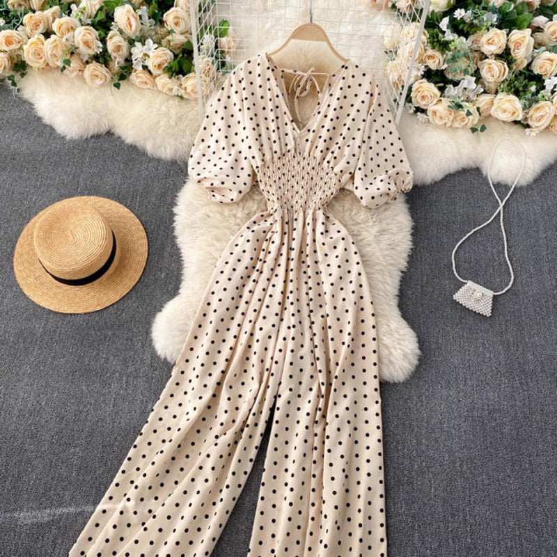 Stylish Army Green V-neck Polka Dot Puff Sleeve Wide Leg Jumpsuit
