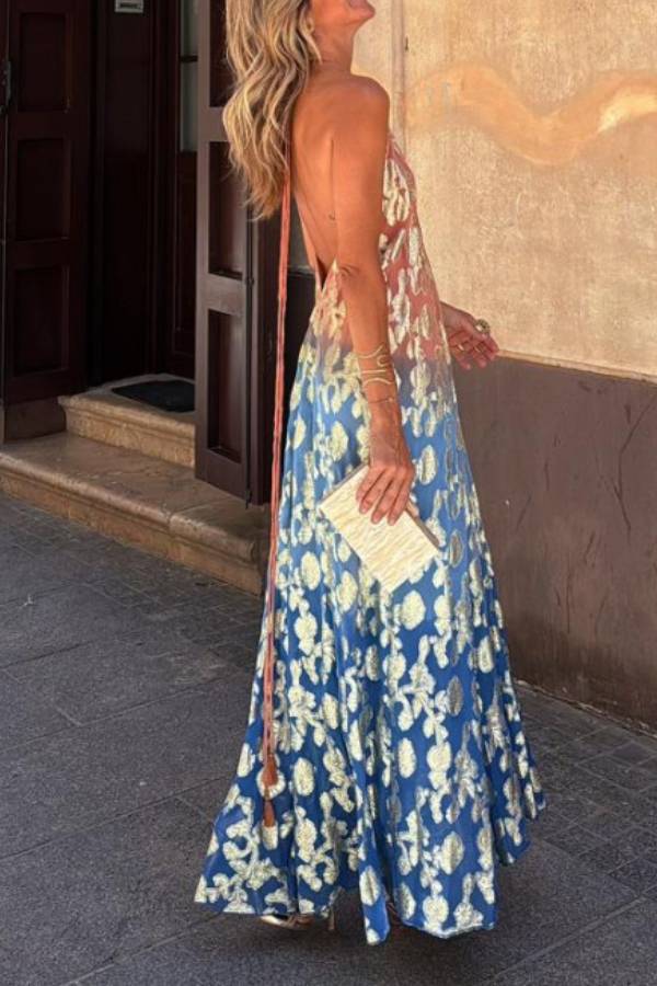 Bianca Tie-dye Ombre Gold Print A-line Halterneck Maxi Dress