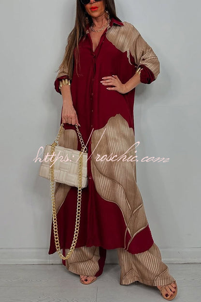 Unique Printed Loose Long Shirt and Elastic Waist Pocket Wide Leg Pants Set