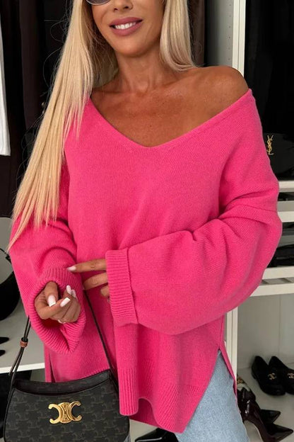 Cold Weather Knit Color Long Sleeve V-neck Irregular Relaxed Sweater