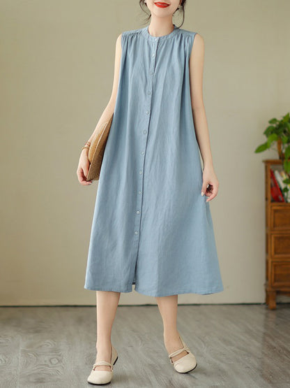 A-line Sleeveless Buttoned Pleated Color Round-neck Midi Dresses
