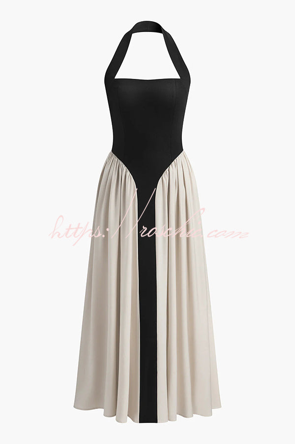 Contrast Color Stitching Sleeveless Backless Slim Maxi Dress