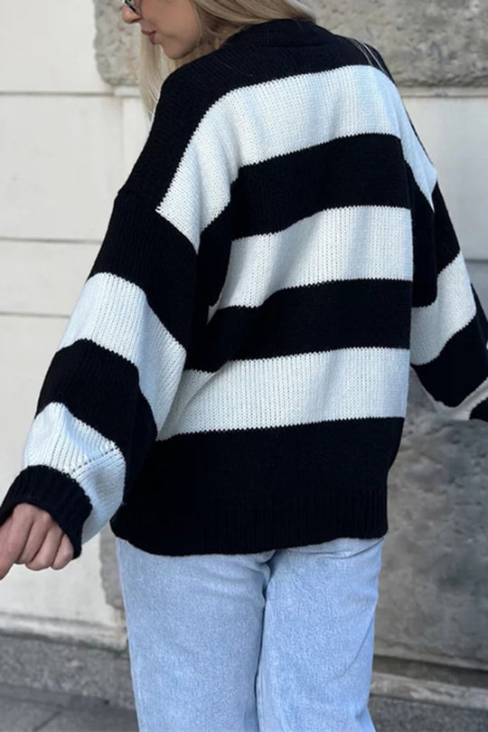 V-neck Long-sleeved Striped Pocket Knitted Cardigan