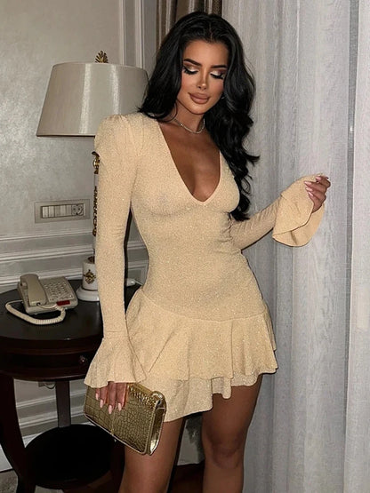 Deepv Brilliant Silk Long Sleeve Dress Ruffled Bodycon Mini Dress Female Tight Party Evening Vestidos