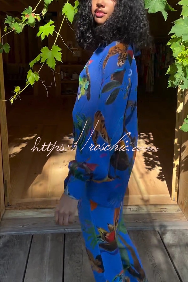 Unique Print Lapel Long Sleeve Loose Shirt and Elastic Waist Pocket Wide Leg Pants Set