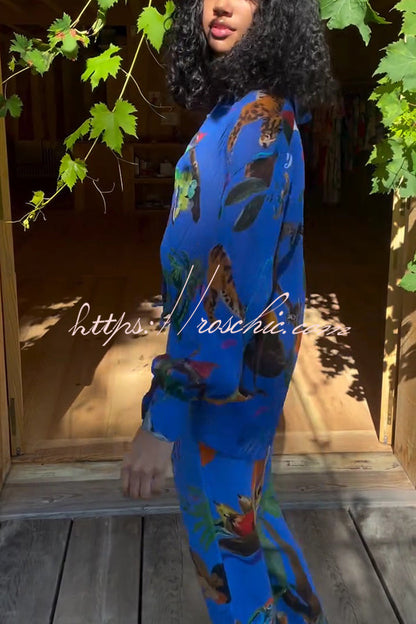 Unique Print Lapel Long Sleeve Loose Shirt and Elastic Waist Pocket Wide Leg Pants Set