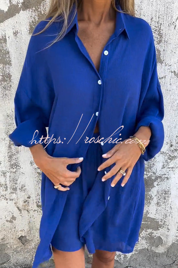 Color Lapel Long Shirt and Elastic Waist Loose Pocket Shorts Set