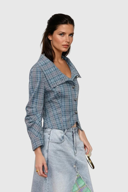 Stand Collar Plaid Button Blouse