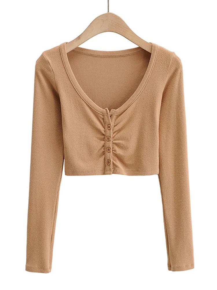 Slim V-neck Long Sleeve Bottomed Tops and Blouses High Street Color Open Navel Cardigan
