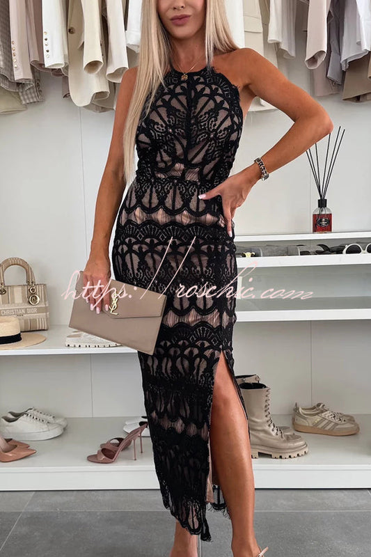 Paulette Unique Lace Halter Backless Slit Stretch Midi Dress