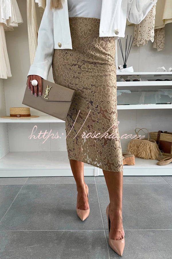 Lesia Lace High Rise Slit Stretch Midi Skirt