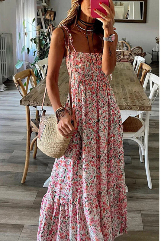 Ready to Vacation Print Smocked Waist Maxi Dress