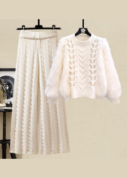 Style Apricot O Neck Sweaters and Skirts Knit Two Pieces Set Fall Wv021