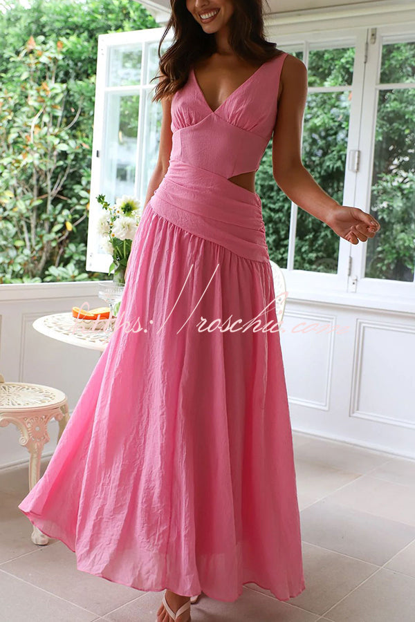Color V-neck Waist Hollow Slim Maxi Dress