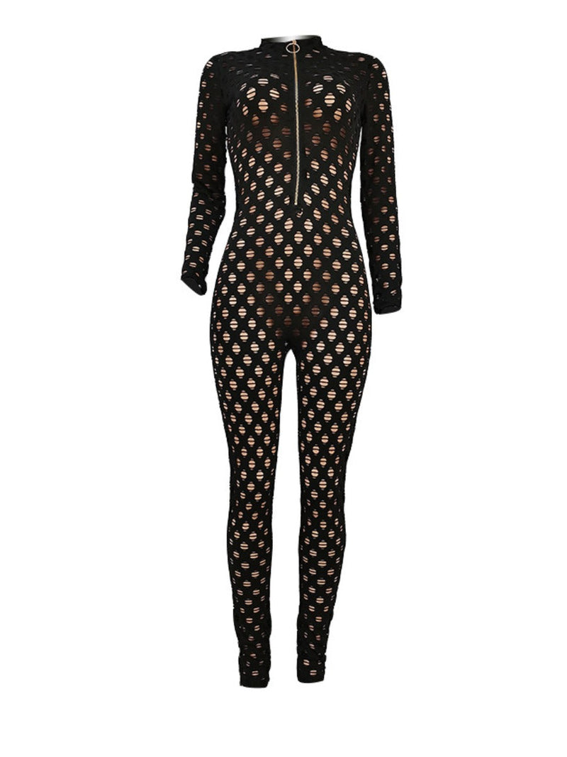 Sxy See Through Zipper Design Pierced Skinny Jumpsuit Bo2135
