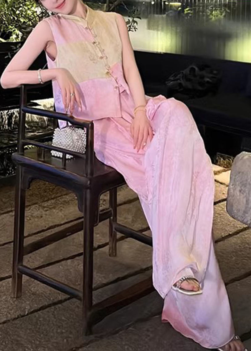 French Pink Button Waistcoat and Wide Leg Pants Silk Two Piece Set Sleeveless Qp041
