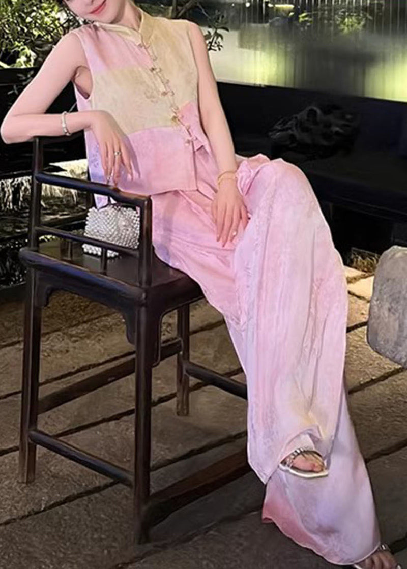 French Pink Button Waistcoat and Wide Leg Pants Silk Two Piece Set Sleeveless Qp041