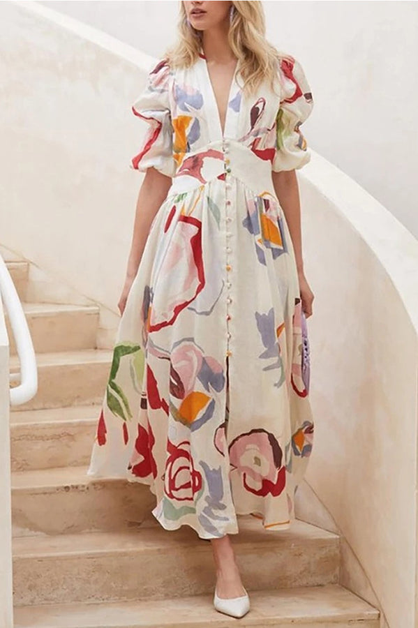 Lover's Gaze Watercolor Printed Puff Sleeve Button Maxi Dress