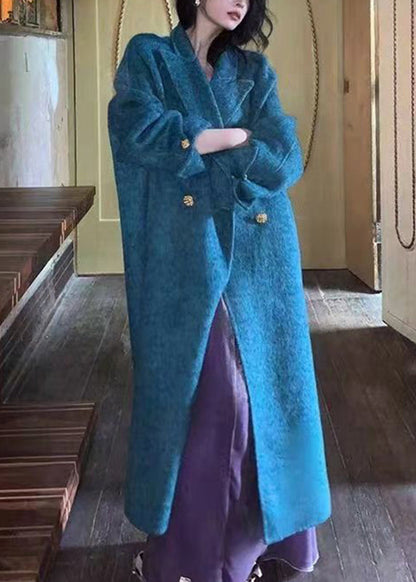 Organic Blue Notched Patchwork Pockets Maxi Woolen Coats Winter Wv008