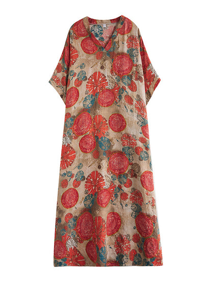 Loose Short Sleeves Printed V-neck Maxi Dresses